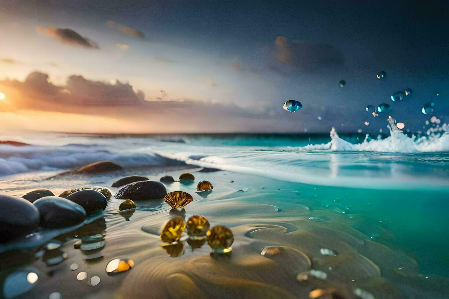 foto fondo de pantalla el cielo, agua, rocas, playa, atardecer, ondas, rocas, playa,. generado por ai
