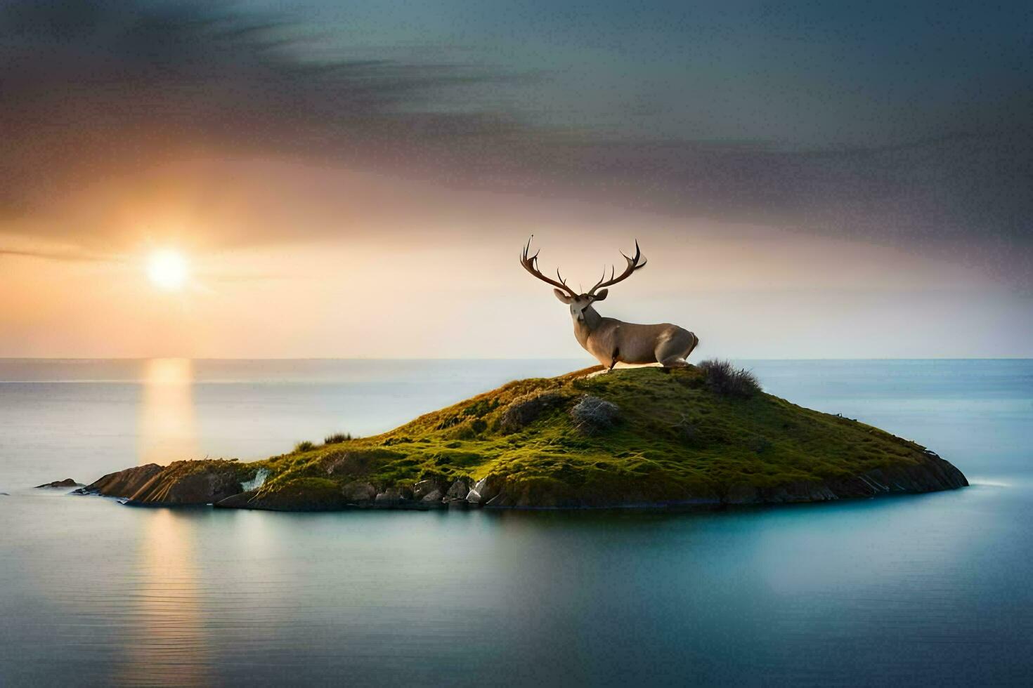 un ciervo se sienta en un isla en el Oceano a puesta de sol. generado por ai foto