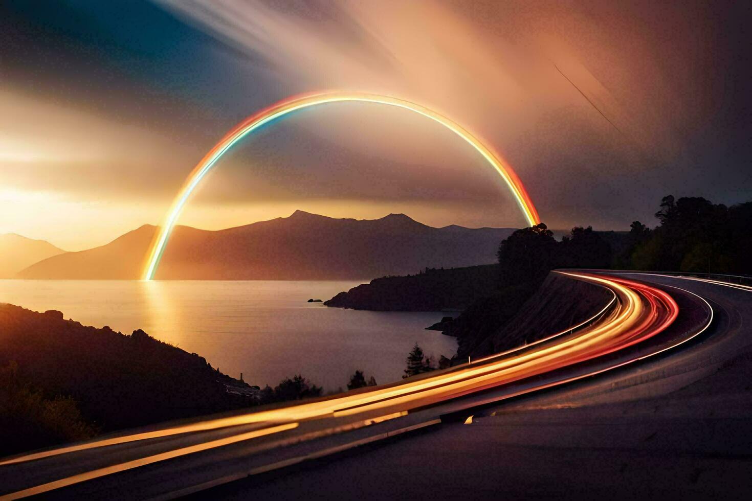 a rainbow is seen over the ocean and mountains. AI-Generated photo