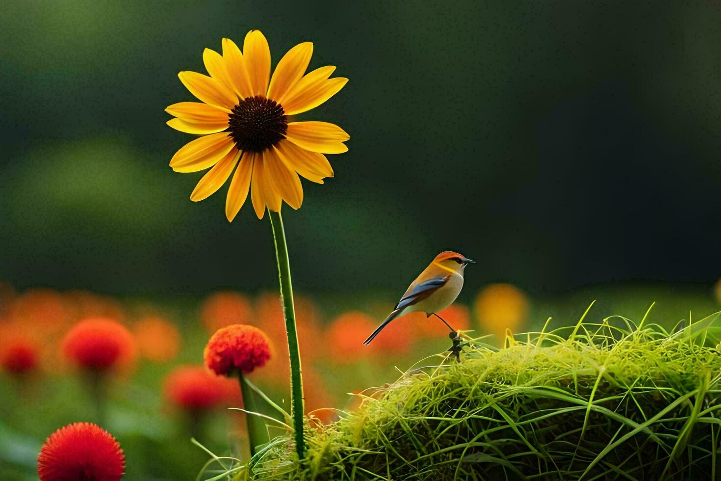 un pájaro es encaramado en un flor en un campo. generado por ai foto