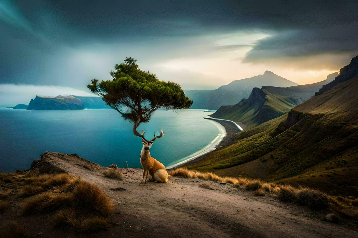 a deer stands on top of a mountain with a tree in the background. AI-Generated photo