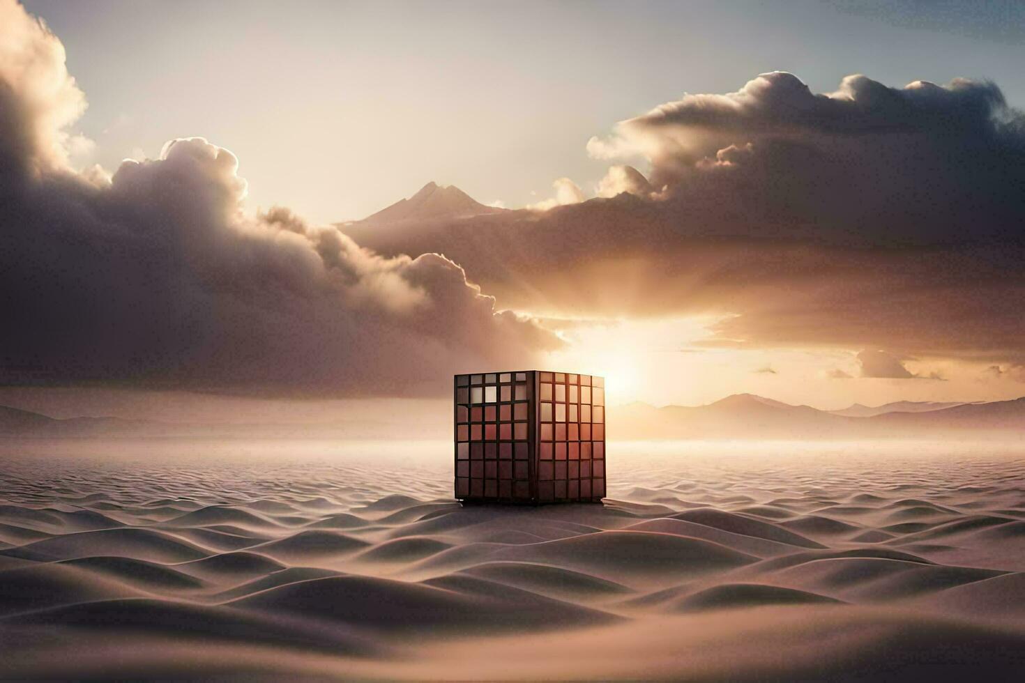 a box sitting in the middle of a desert. AI-Generated photo