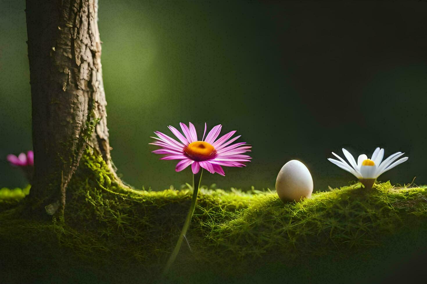 two eggs and a flower are sitting on a mossy ground. AI-Generated photo