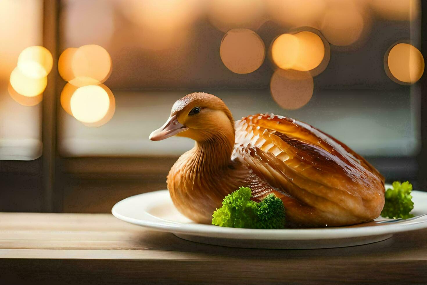 un Pato en un plato con brócoli. generado por ai foto