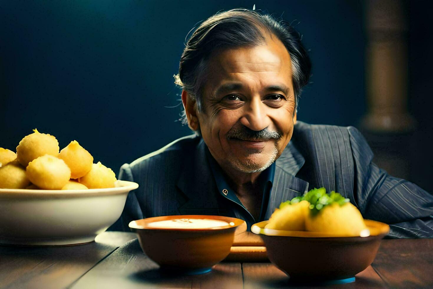 a man sitting at a table with bowls of food. AI-Generated photo