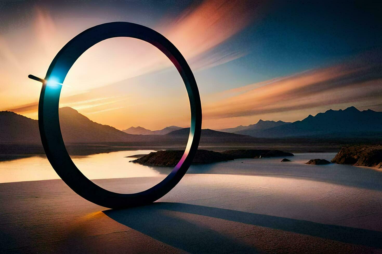 a ring is sitting on the beach at sunset. AI-Generated photo