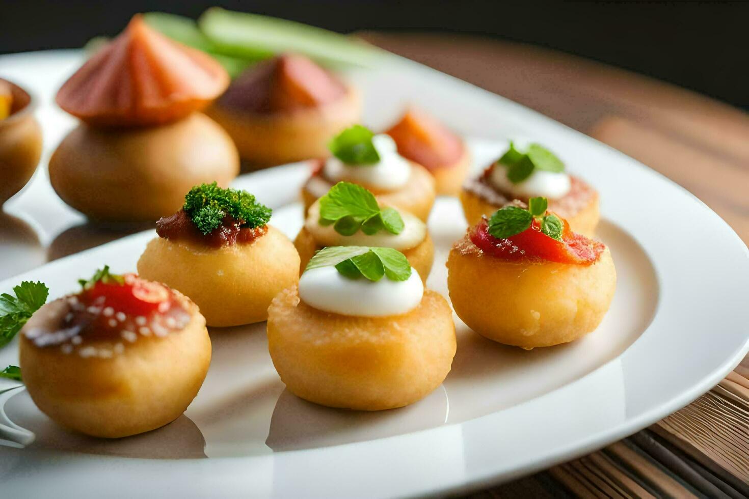 pequeño aperitivos en un blanco lámina. generado por ai foto