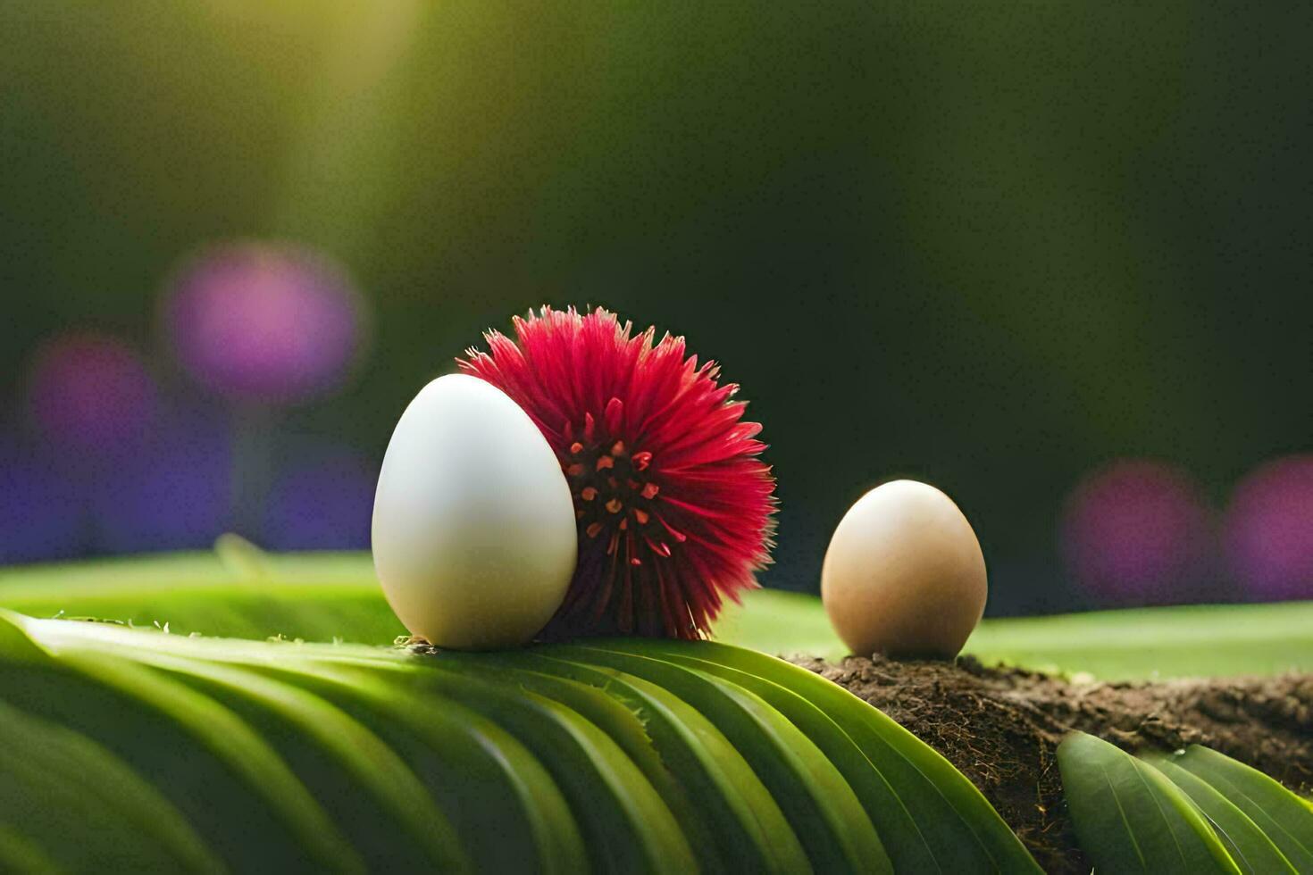 two eggs on a leaf with a flower. AI-Generated photo