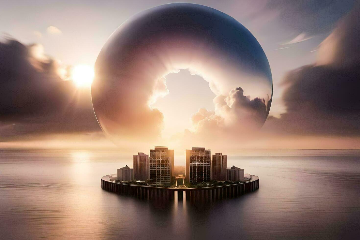 un ciudad en el medio de el Oceano con un grande esfera. generado por ai foto