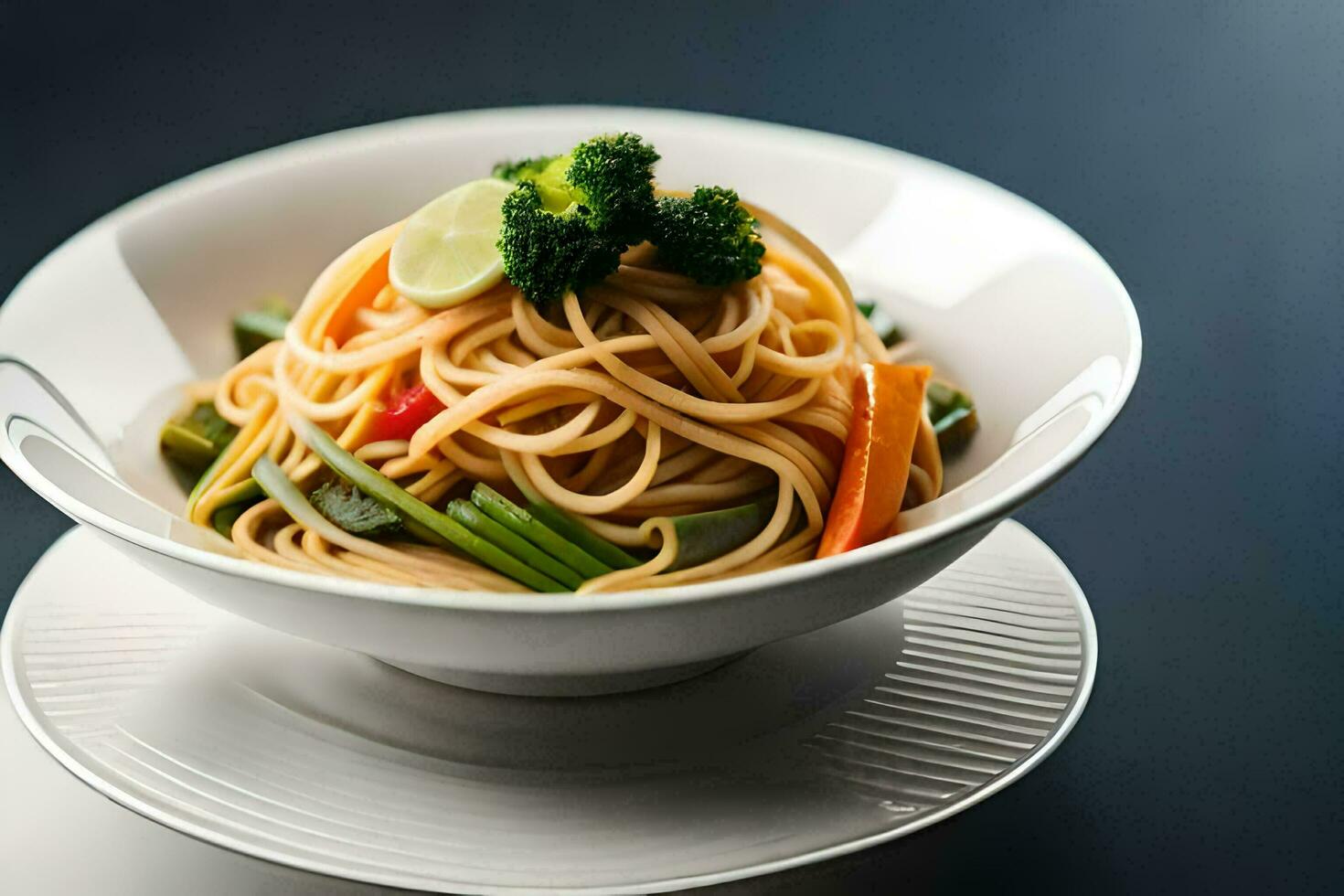 a bowl of noodles with vegetables and a lime wedge. AI-Generated photo