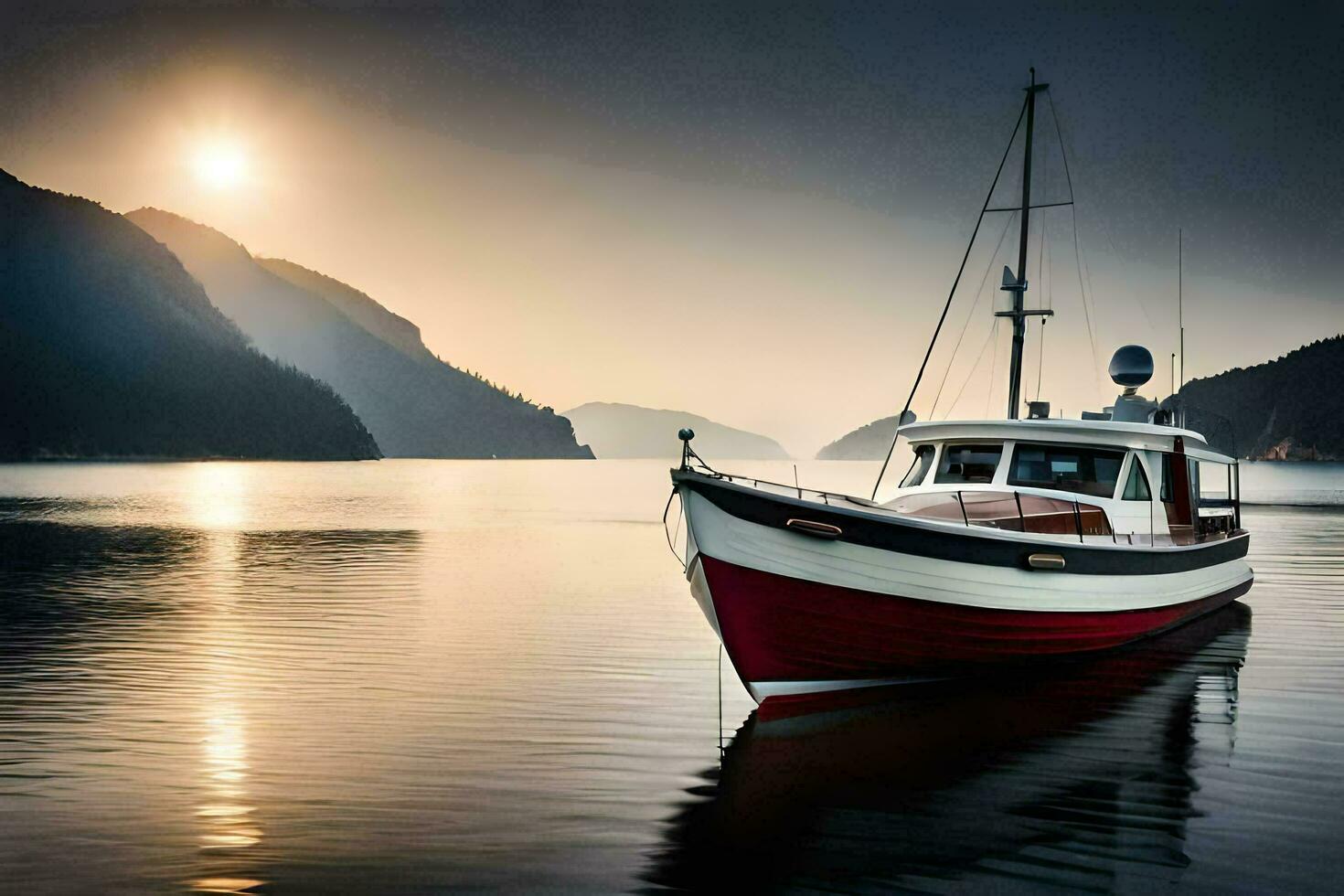 a boat sits on the water at sunset. AI-Generated photo