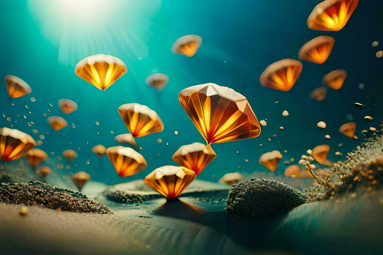 a group of orange diamonds floating in the ocean. AI-Generated photo
