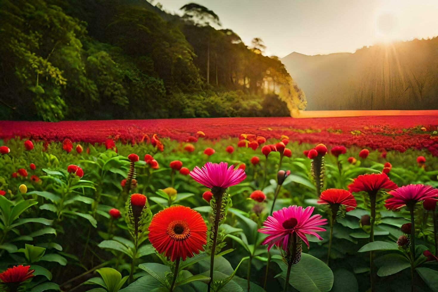 rojo flores en un campo a puesta de sol. generado por ai foto