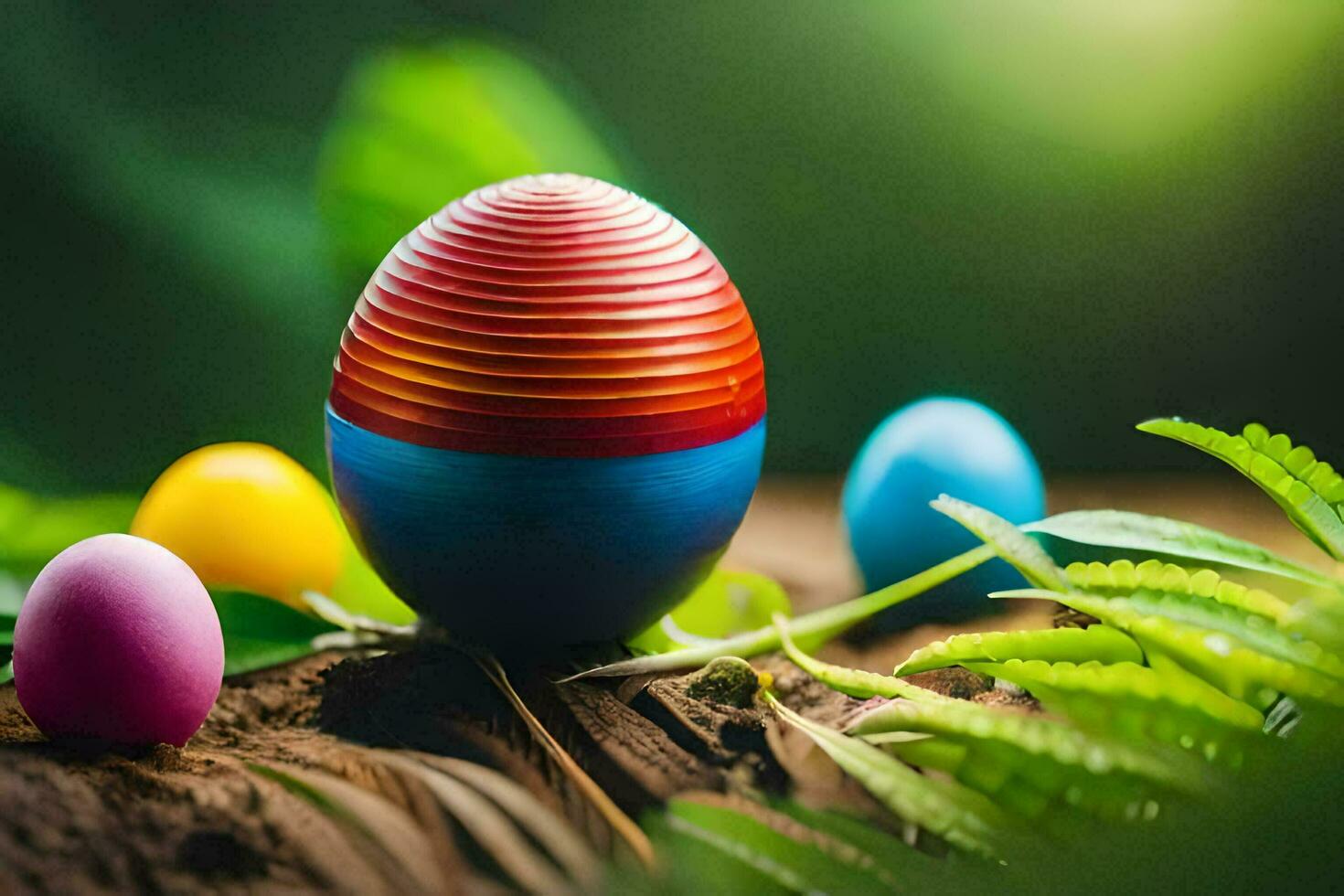 easter eggs in the forest. AI-Generated photo
