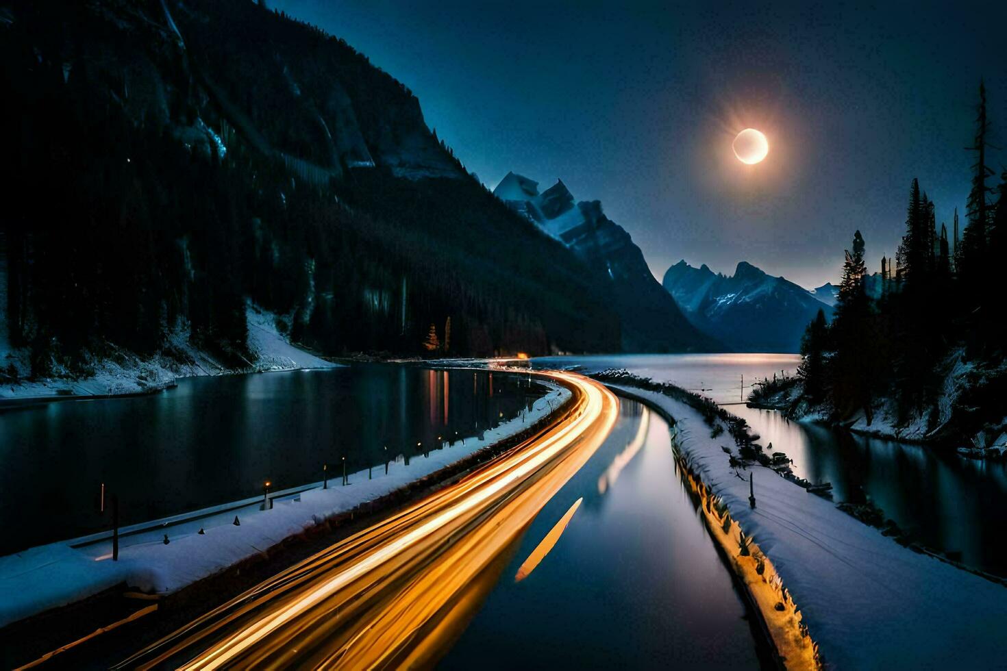 the moon is seen over a road and a lake. AI-Generated photo