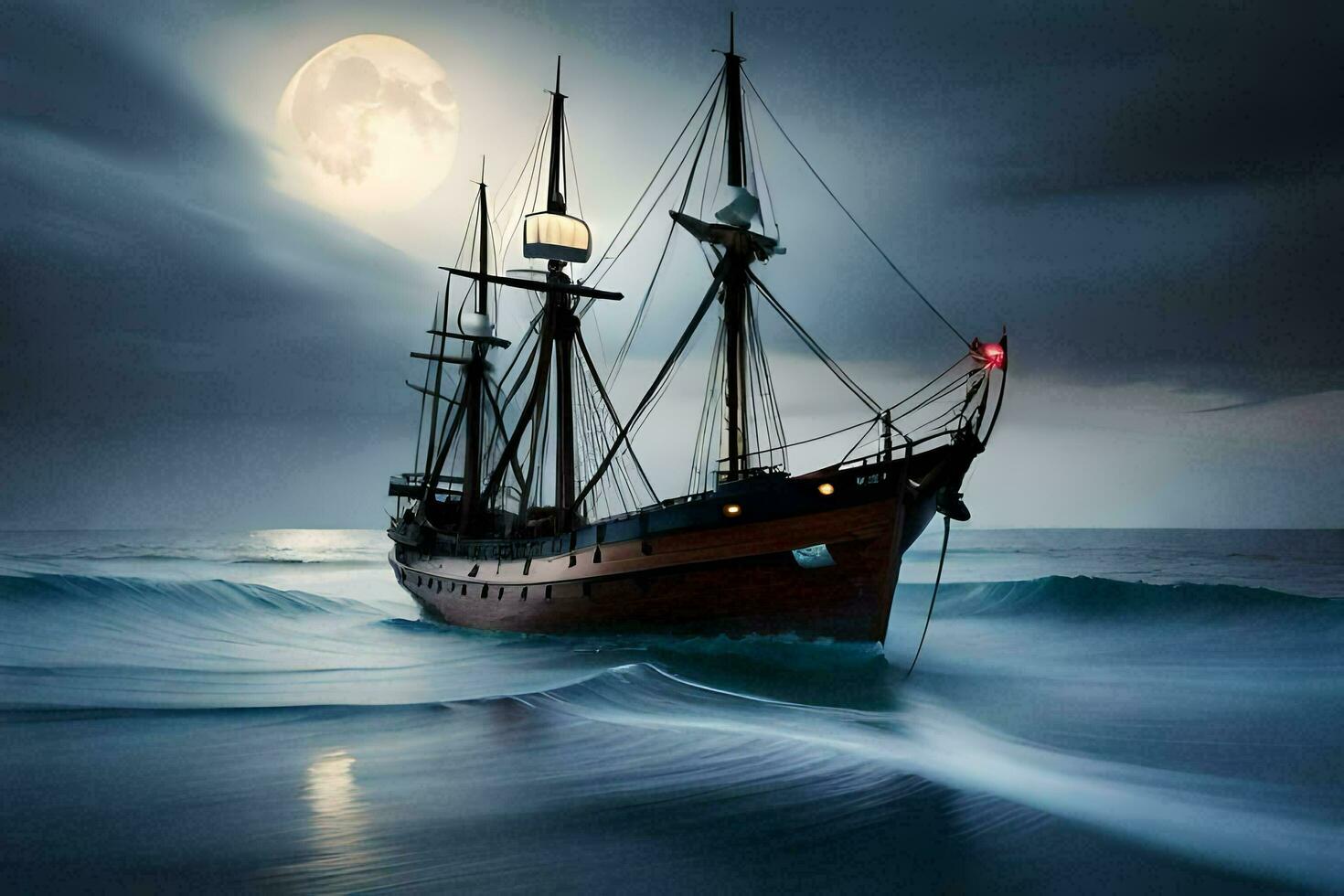 a pirate ship sailing in the ocean under a full moon. AI-Generated photo