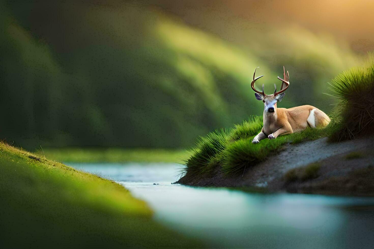 a deer is sitting on the bank of a river. AI-Generated photo