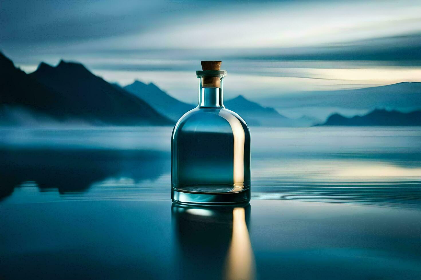 a bottle of water sits on the water with mountains in the background. AI-Generated photo