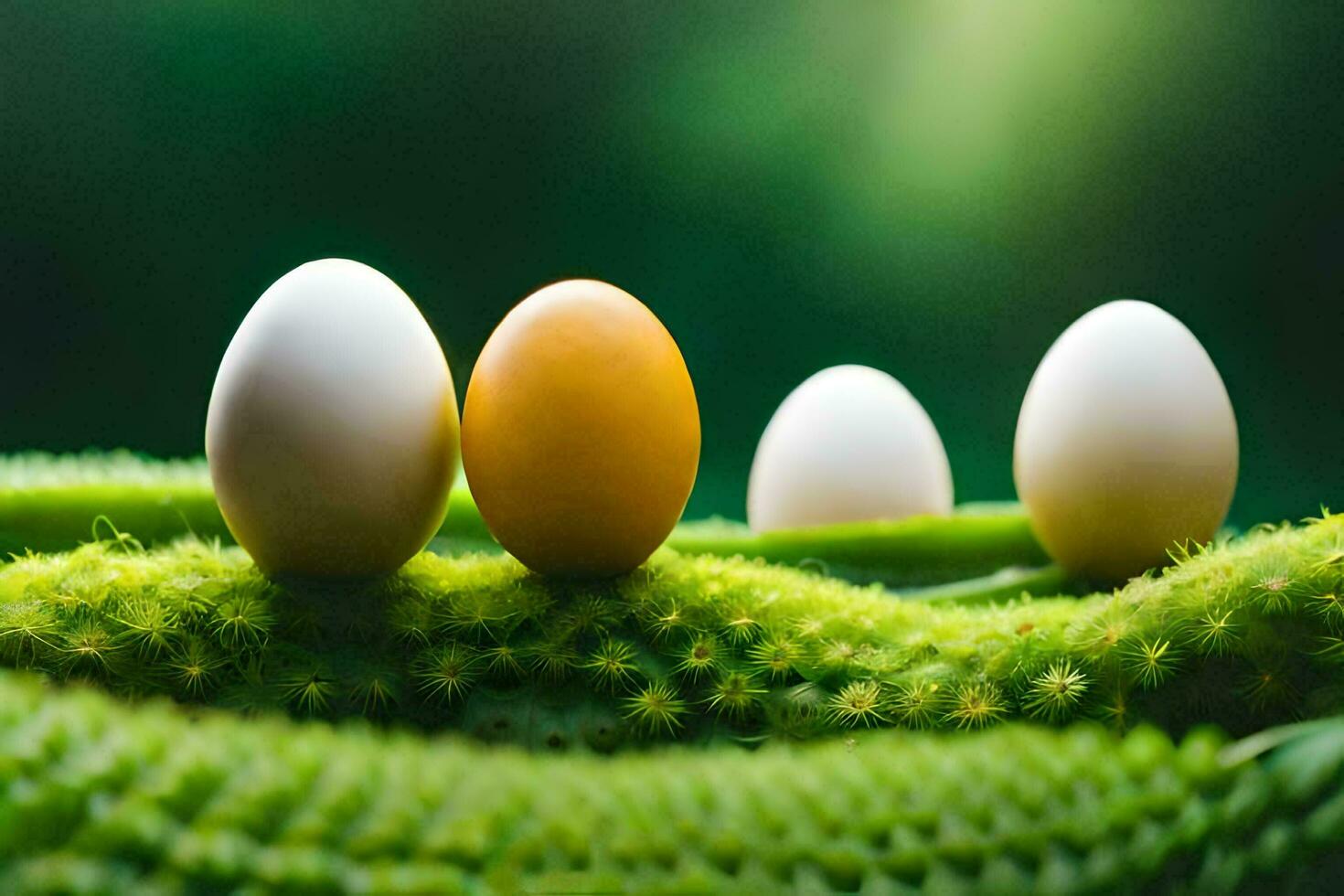 four eggs are sitting on top of a green plant. AI-Generated photo