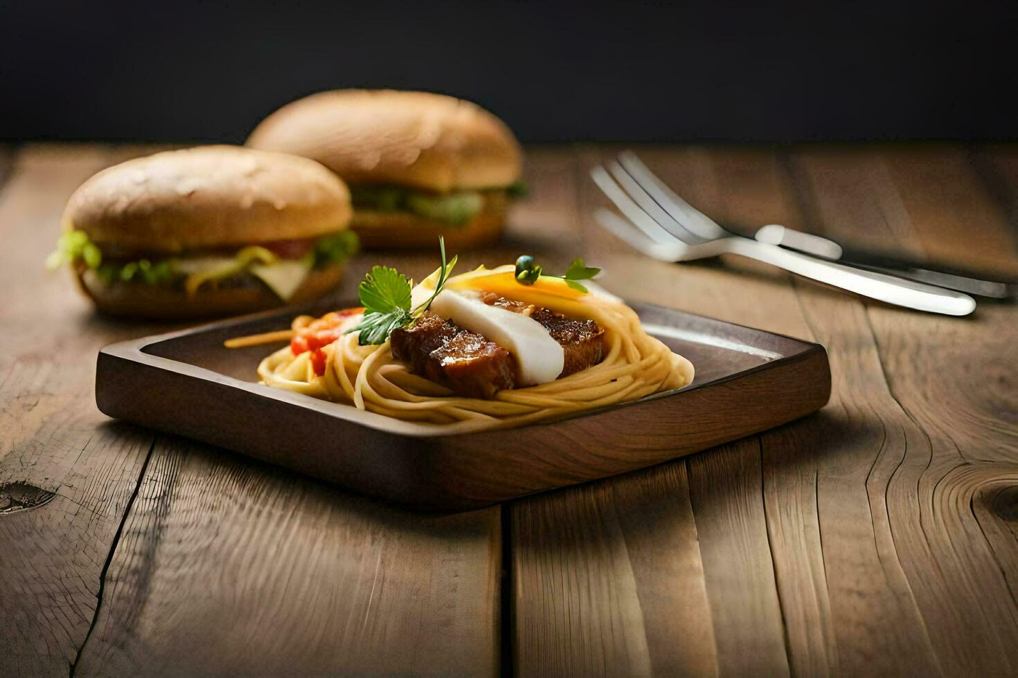 spaghetti with meatballs and cheese on a wooden table. AI-Generated photo