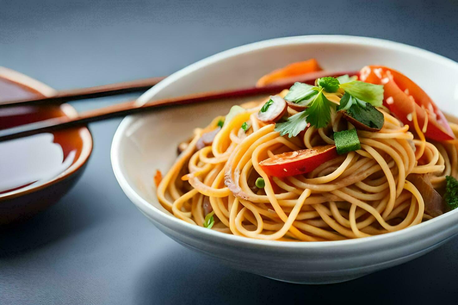 chinese noodles in a bowl with chopsticks. AI-Generated photo