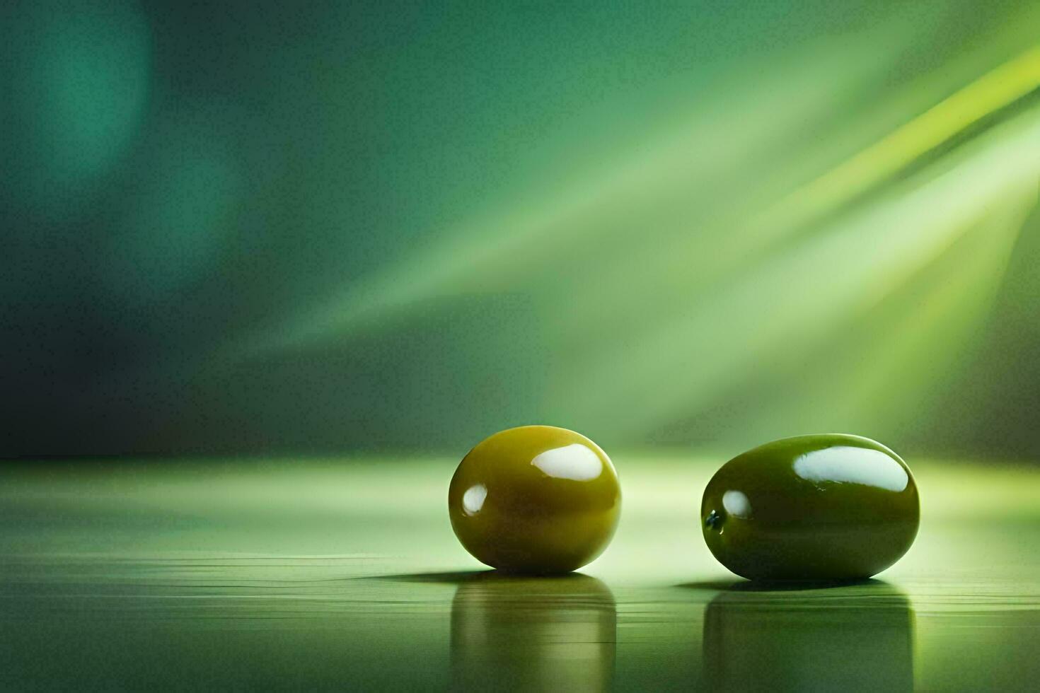 two green olives on a table with a green background. AI-Generated photo