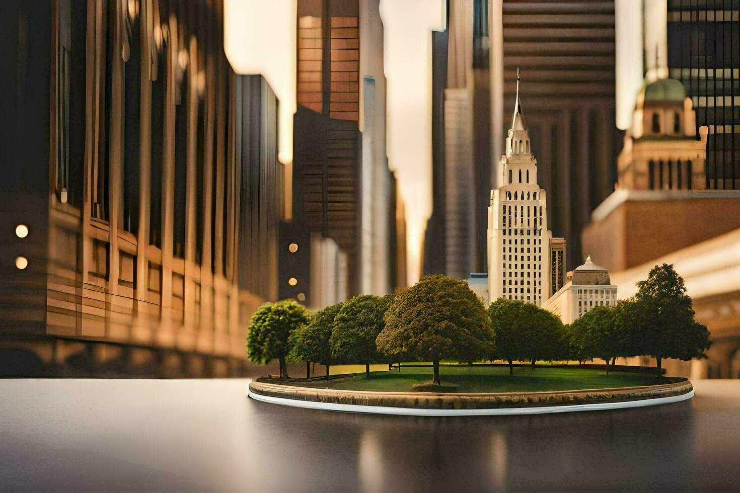 un miniatura ciudad con arboles y edificios en el antecedentes. generado por ai foto