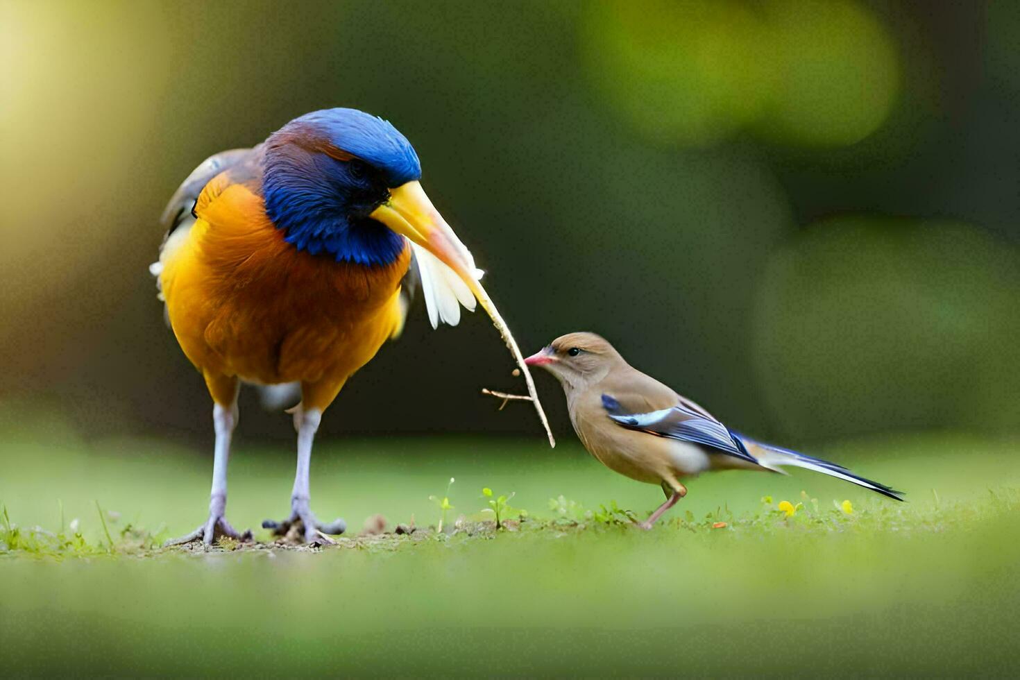 a bird with a stick in its mouth is standing next to a bird with a blue and orange. AI-Generated photo