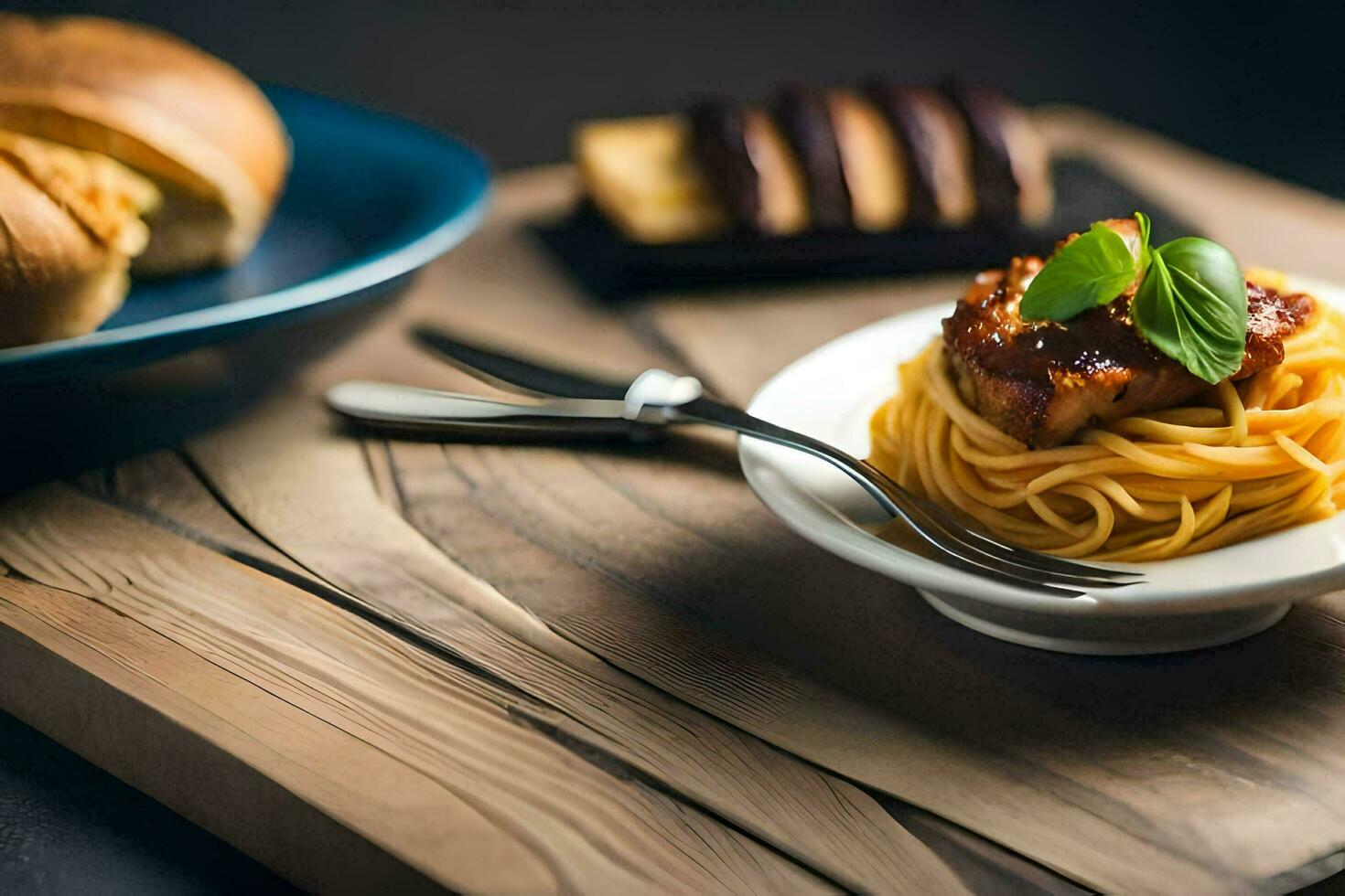 spaghetti with meat and bread on a wooden table. AI-Generated photo