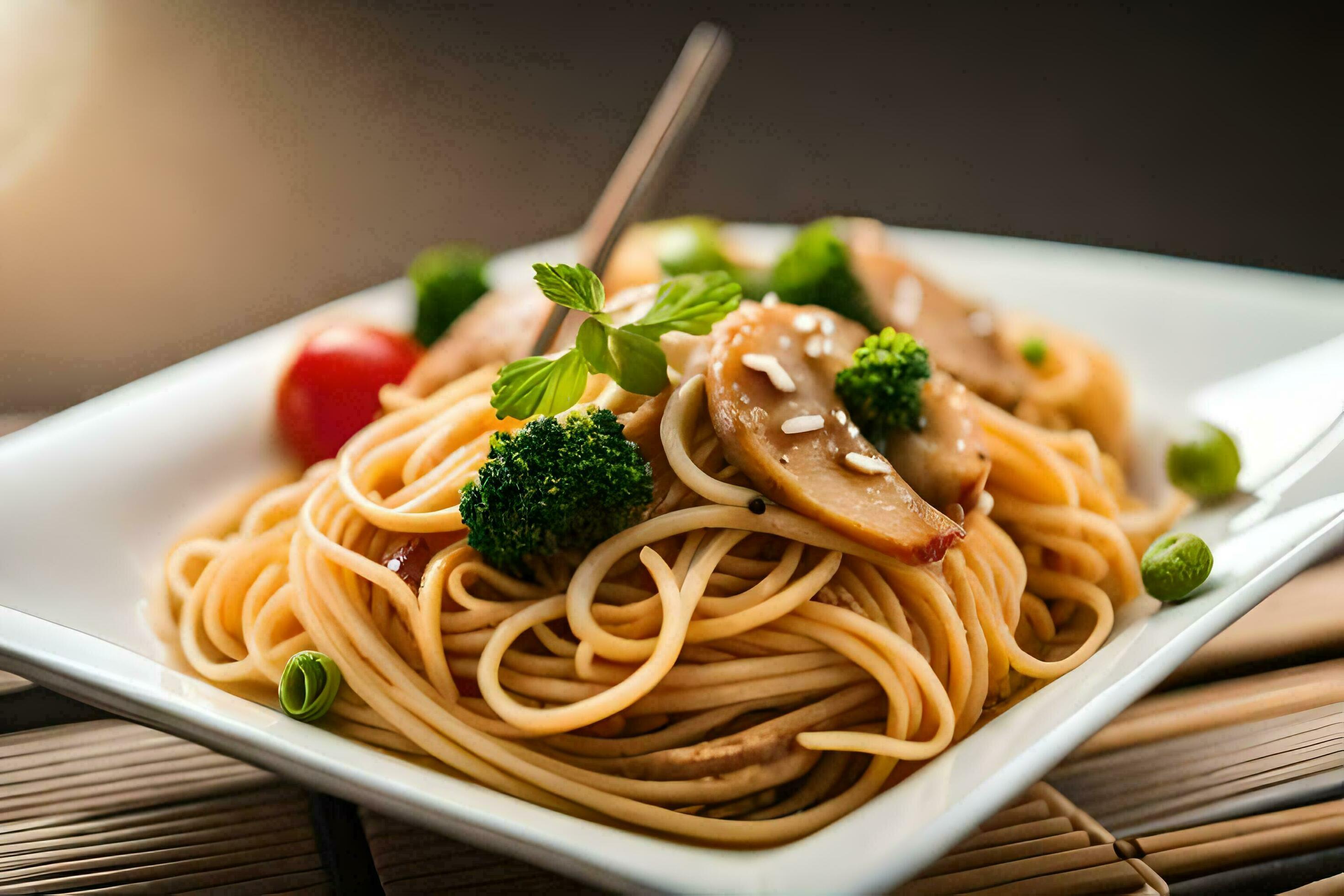 a plate of spaghetti with broccoli and mushrooms. AIGenerated 32254131