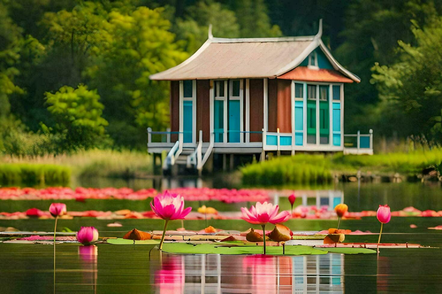 lotus pond in the middle of a lake with a house in the background. AI-Generated photo