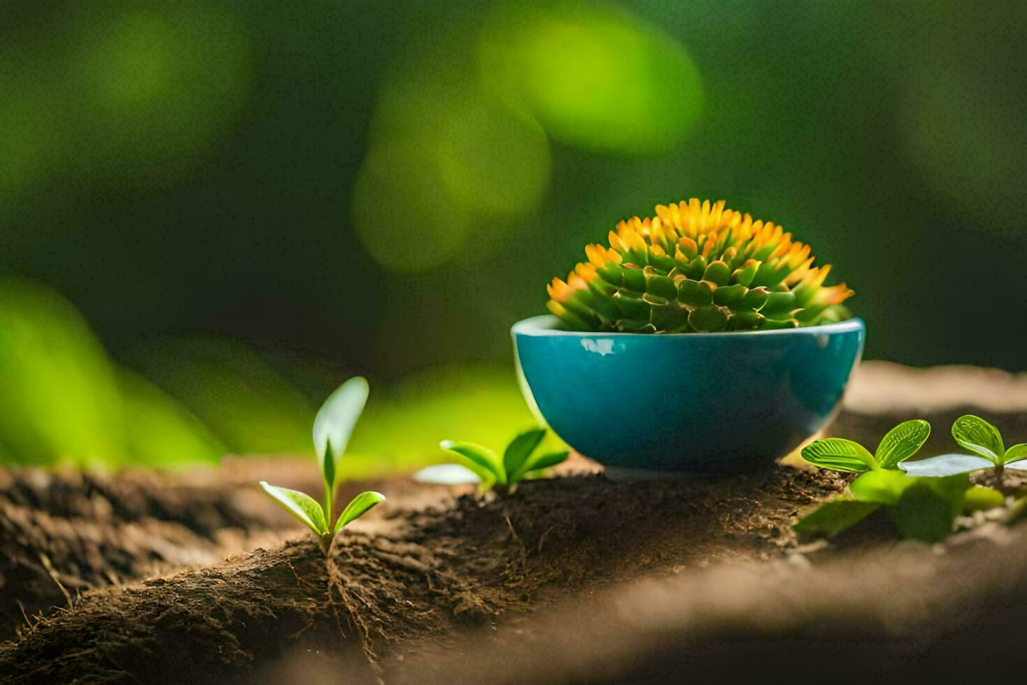 small plant in a blue bowl on a rock. AI-Generated photo