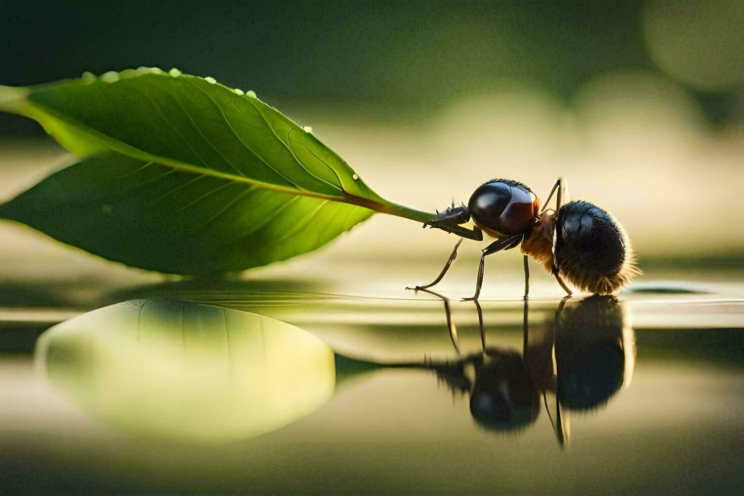 a small ant is standing on a leaf. AI-Generated photo