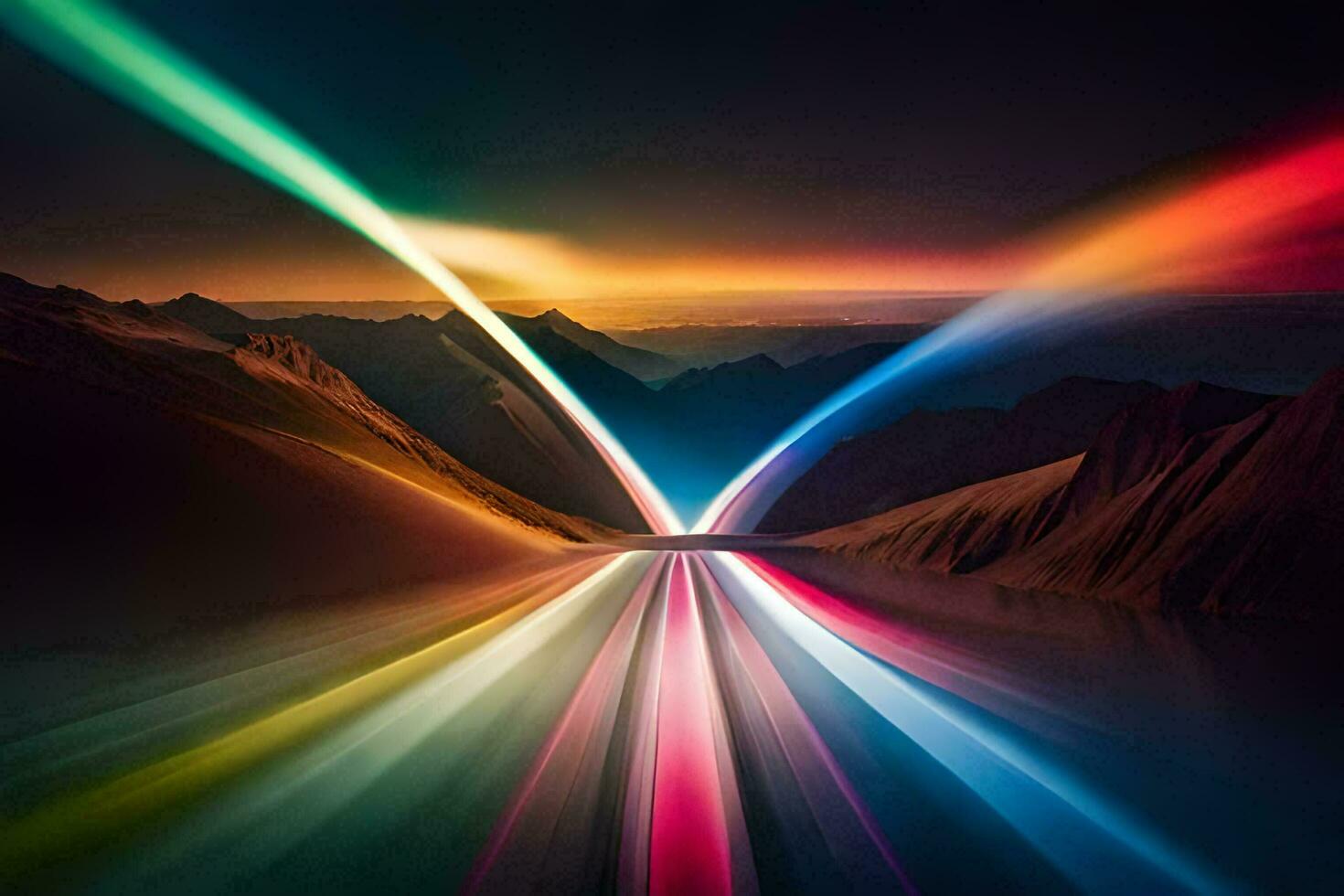 a rainbow light trail in the sky over mountains. AI-Generated photo