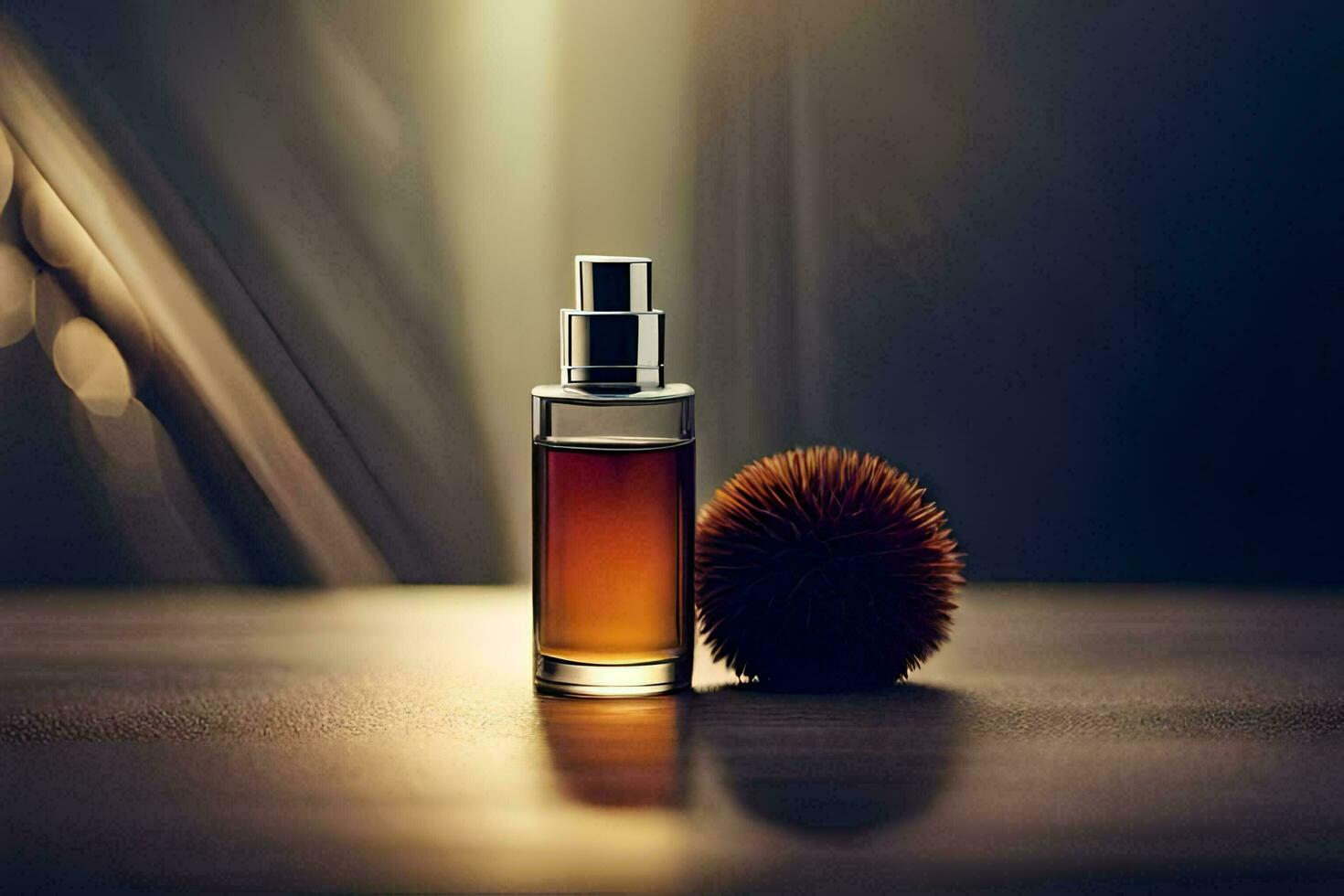 a bottle of perfume and a spiky ball. AI-Generated photo