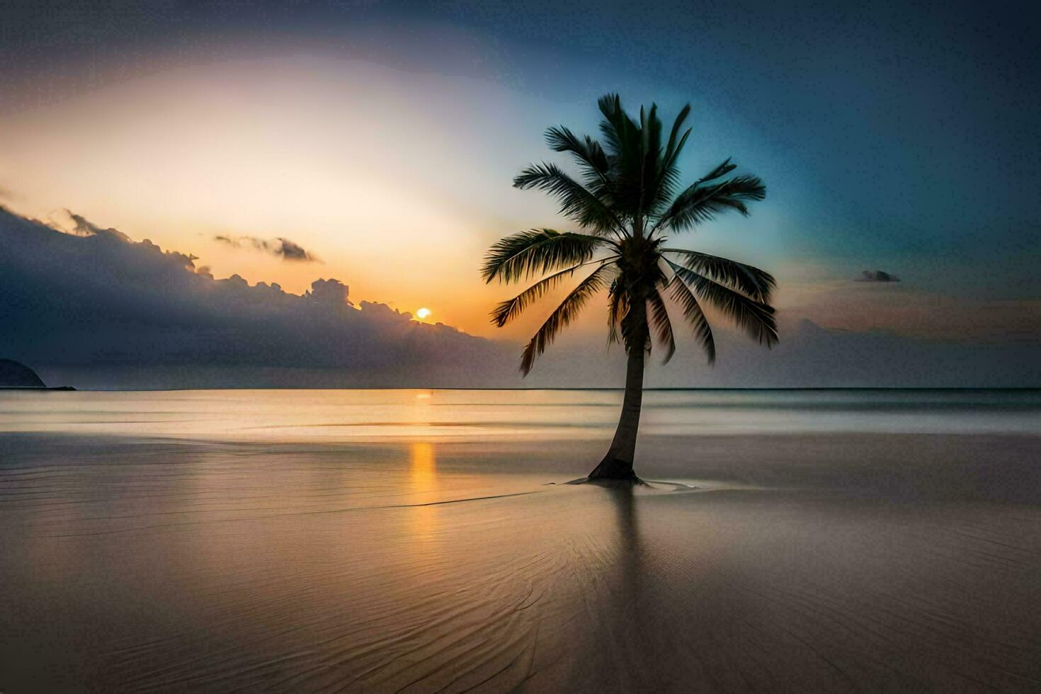 a lone palm tree stands on the beach at sunset. AI-Generated photo