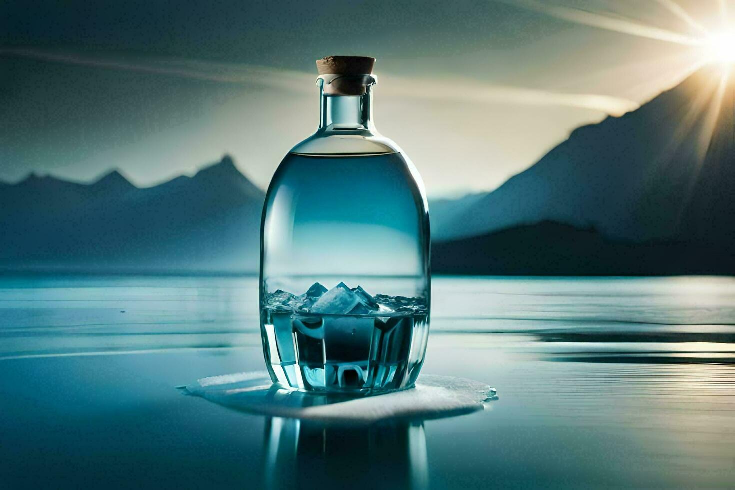 a bottle of water sitting on the water with mountains in the background. AI-Generated photo