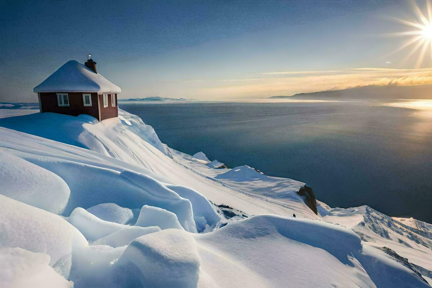 un rojo casa se sienta en parte superior de un Nevado montaña. generado por ai foto