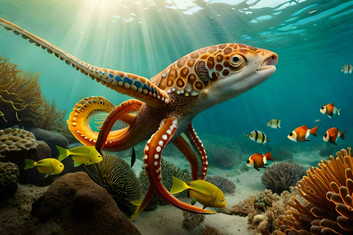 an octopus swimming in the ocean with fish. AI-Generated photo