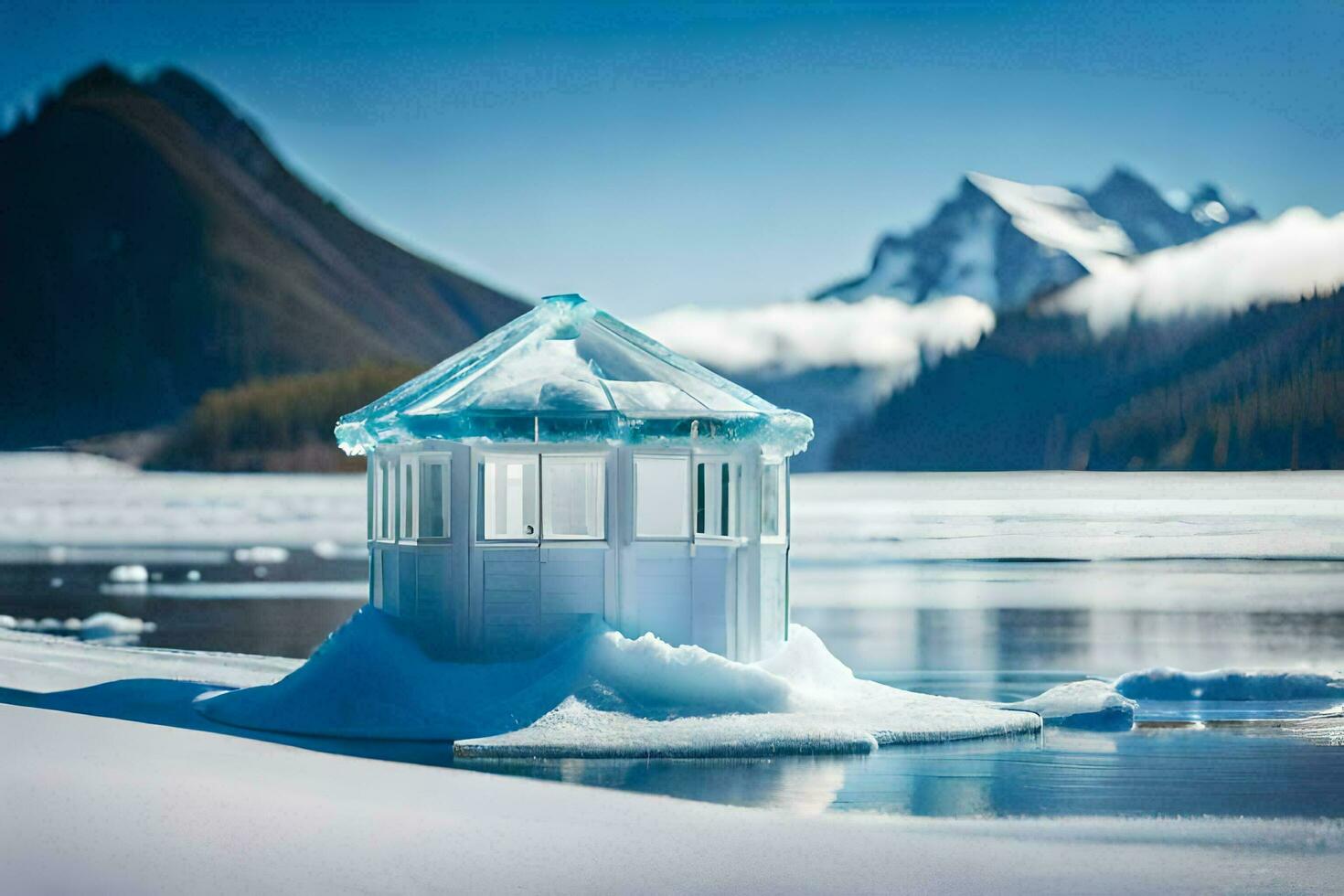 un pequeño casa sentado en parte superior de un hielo cubierto lago. generado por ai foto