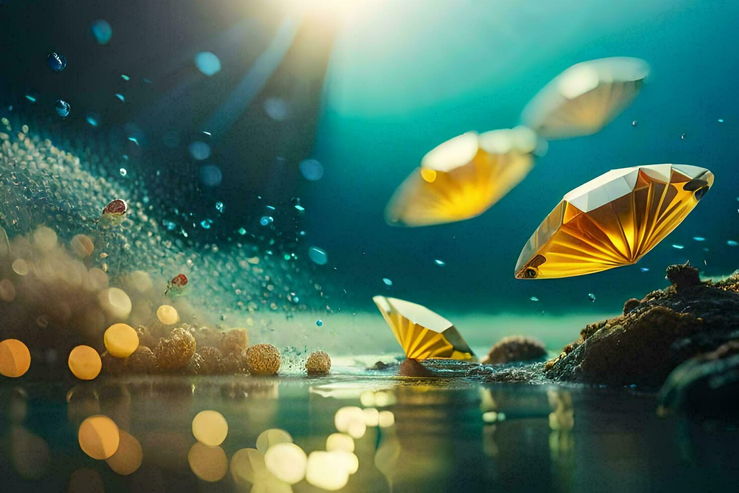 golden diamonds floating in water. AI-Generated photo