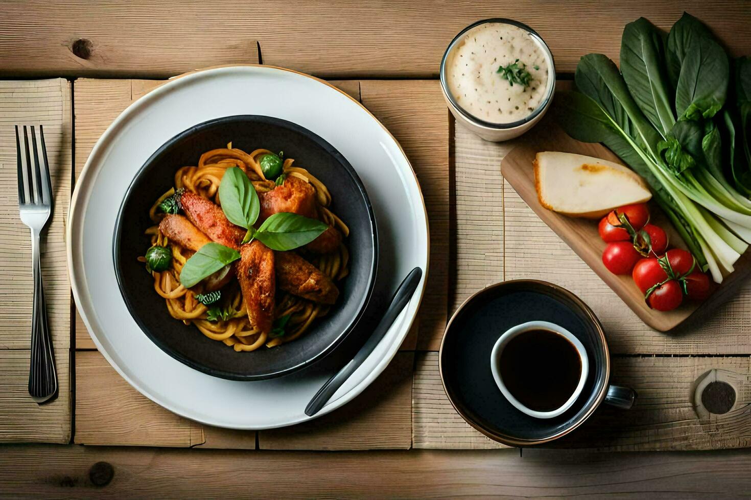a plate of pasta, tomatoes and vegetables on a wooden table. AI-Generated photo