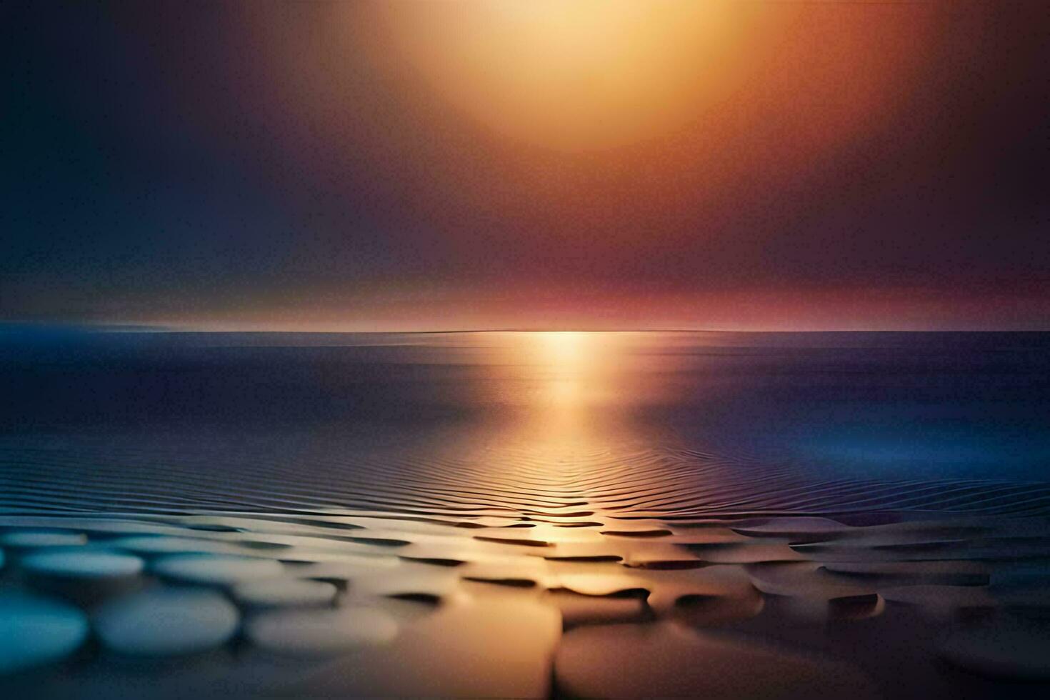a sunset over the ocean with a large rock formation. AI-Generated photo