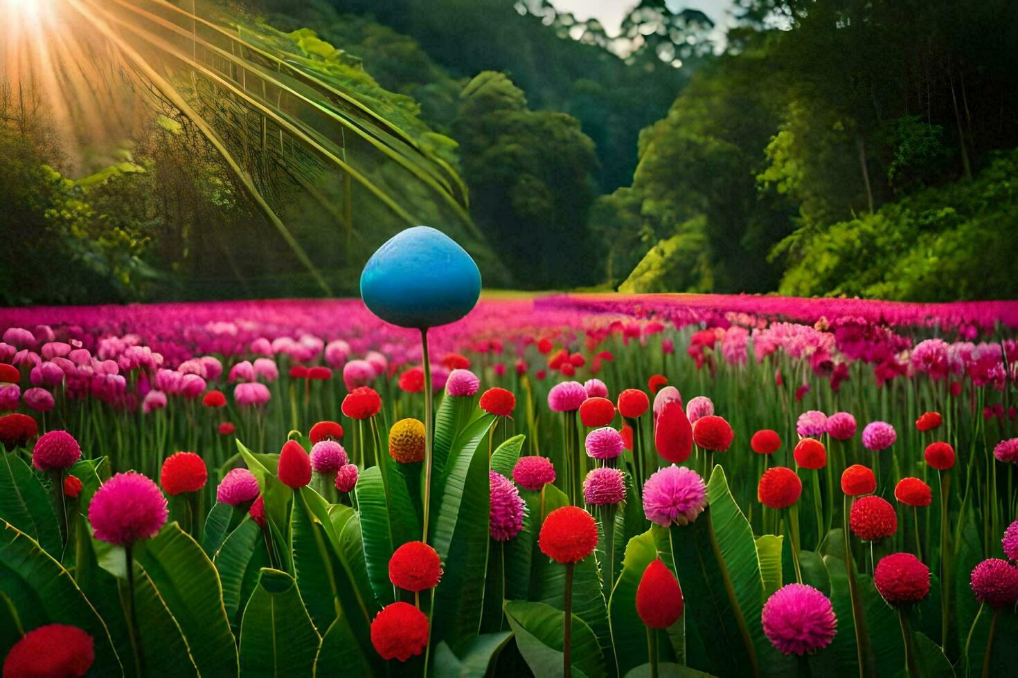 a blue ball in a field of pink flowers. AI-Generated photo