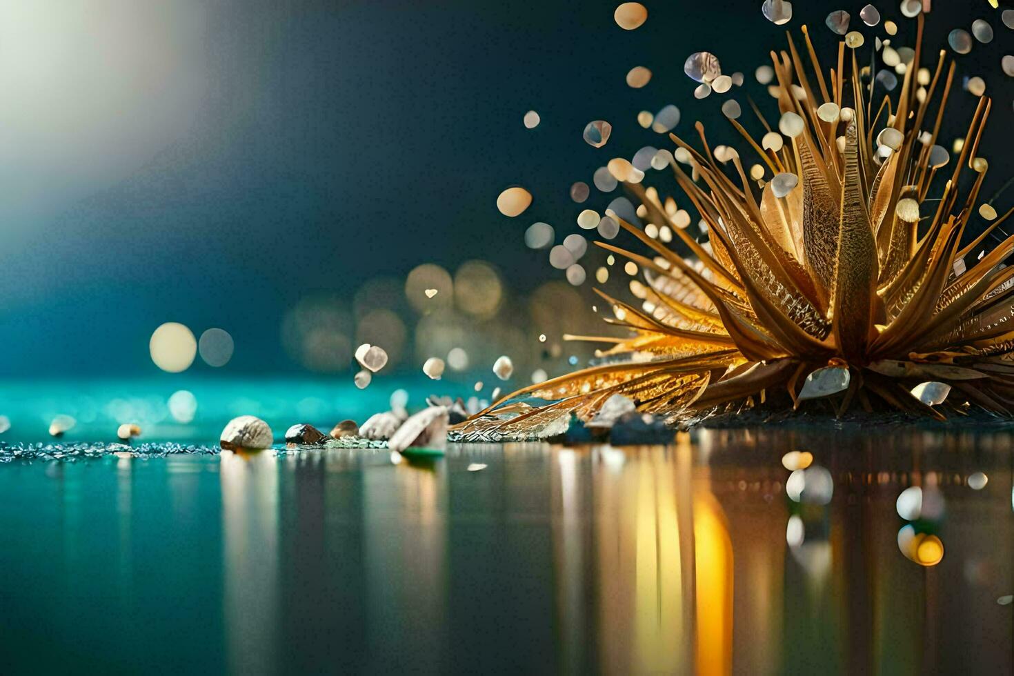 a golden flower with water droplets on it. AI-Generated photo