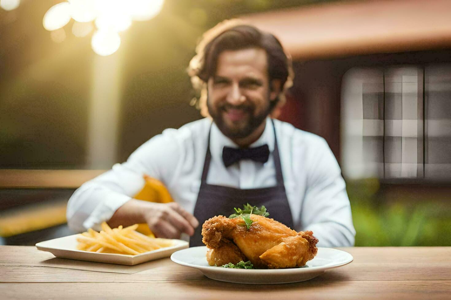 a man in a white shirt and apron is holding a plate of fried chicken. AI-Generated photo
