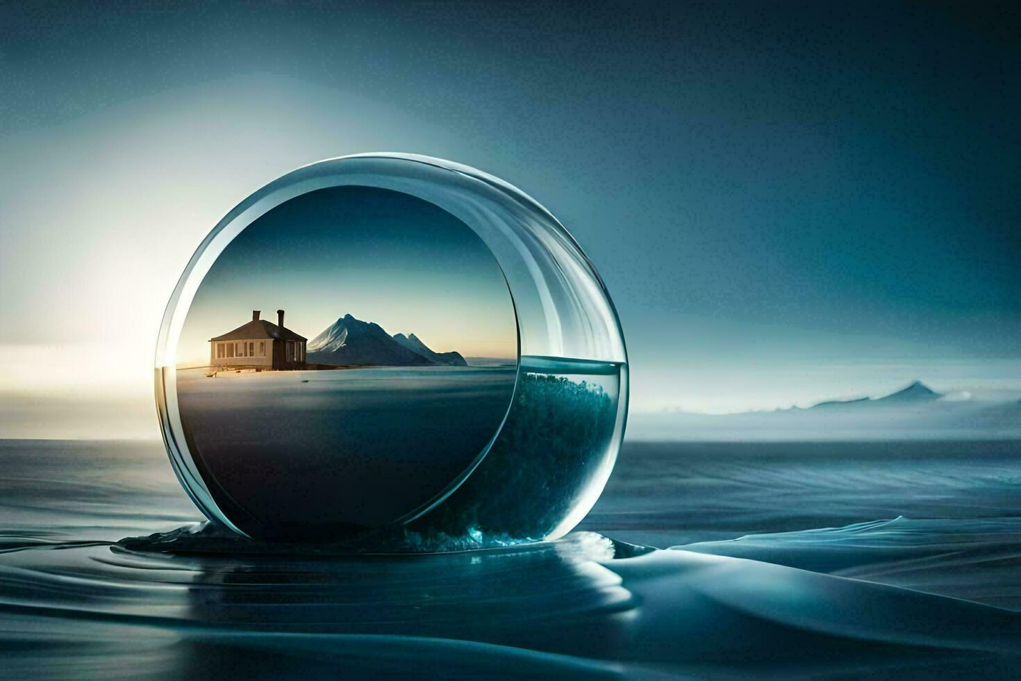 a house in a glass ball on the water. AI-Generated photo