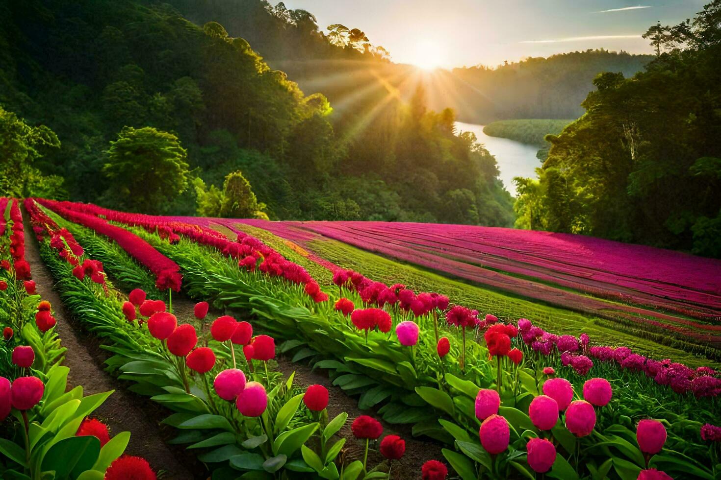 un campo de rosado tulipanes con el Dom ajuste detrás a ellos. generado por ai foto