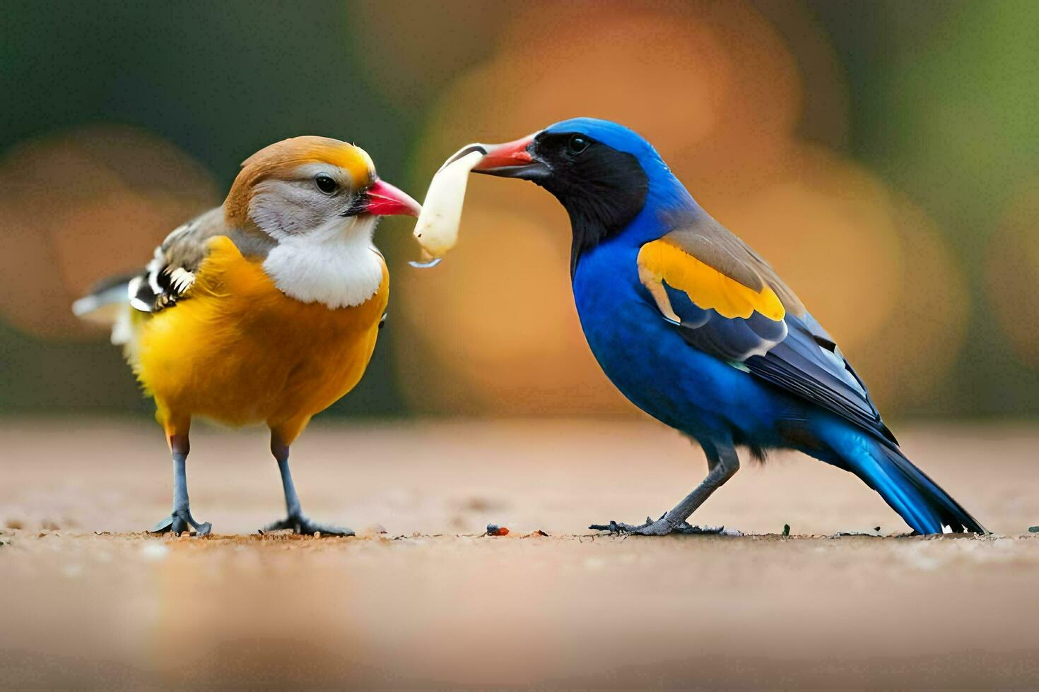 two colorful birds standing next to each other. AI-Generated photo