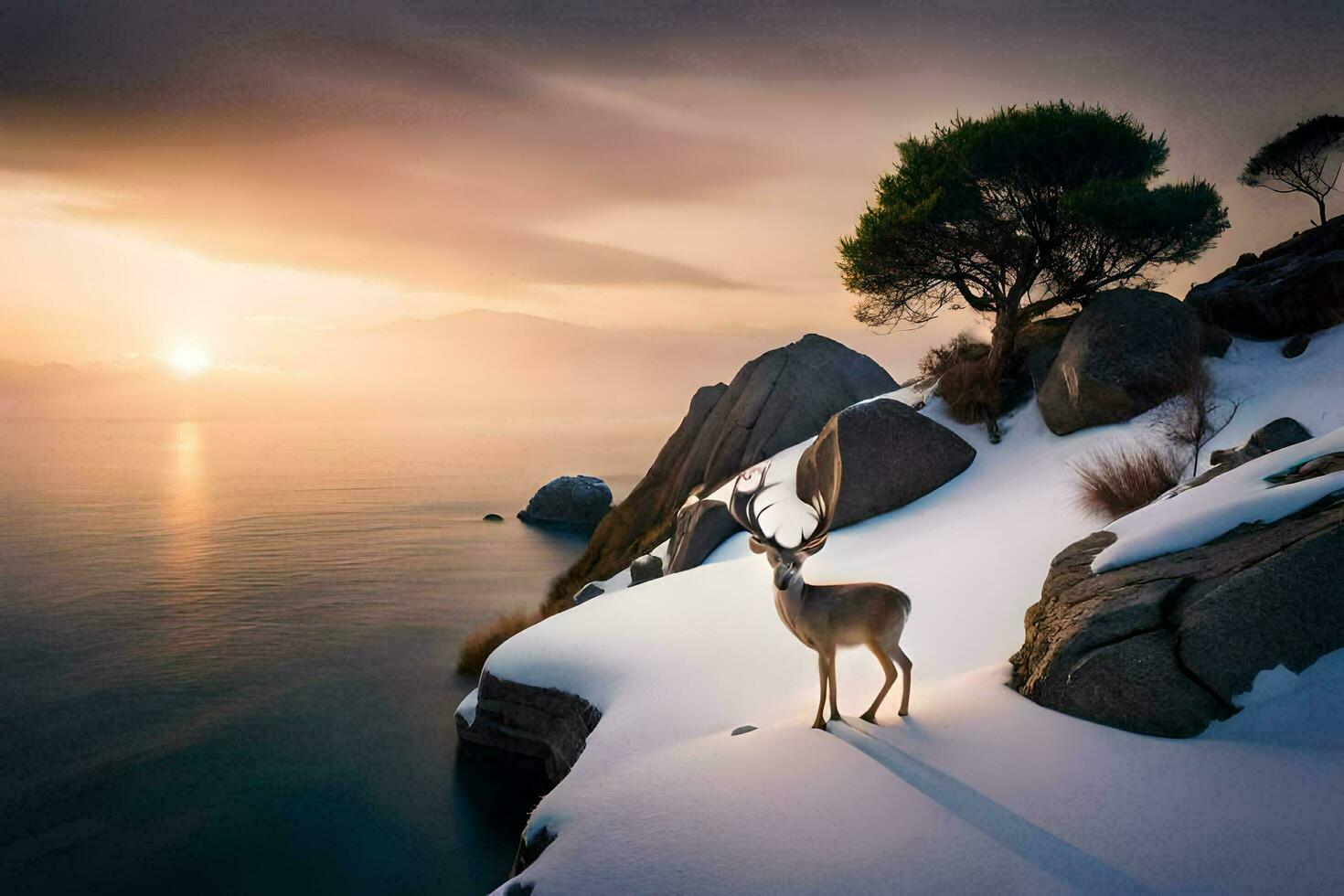 a deer stands on the snow covered rocks near the ocean. AI-Generated photo
